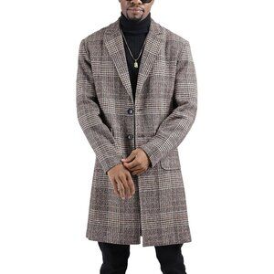 Mens Khaki Winter Notched Collar Single Breasted Plaid Mid Long Trench Coat